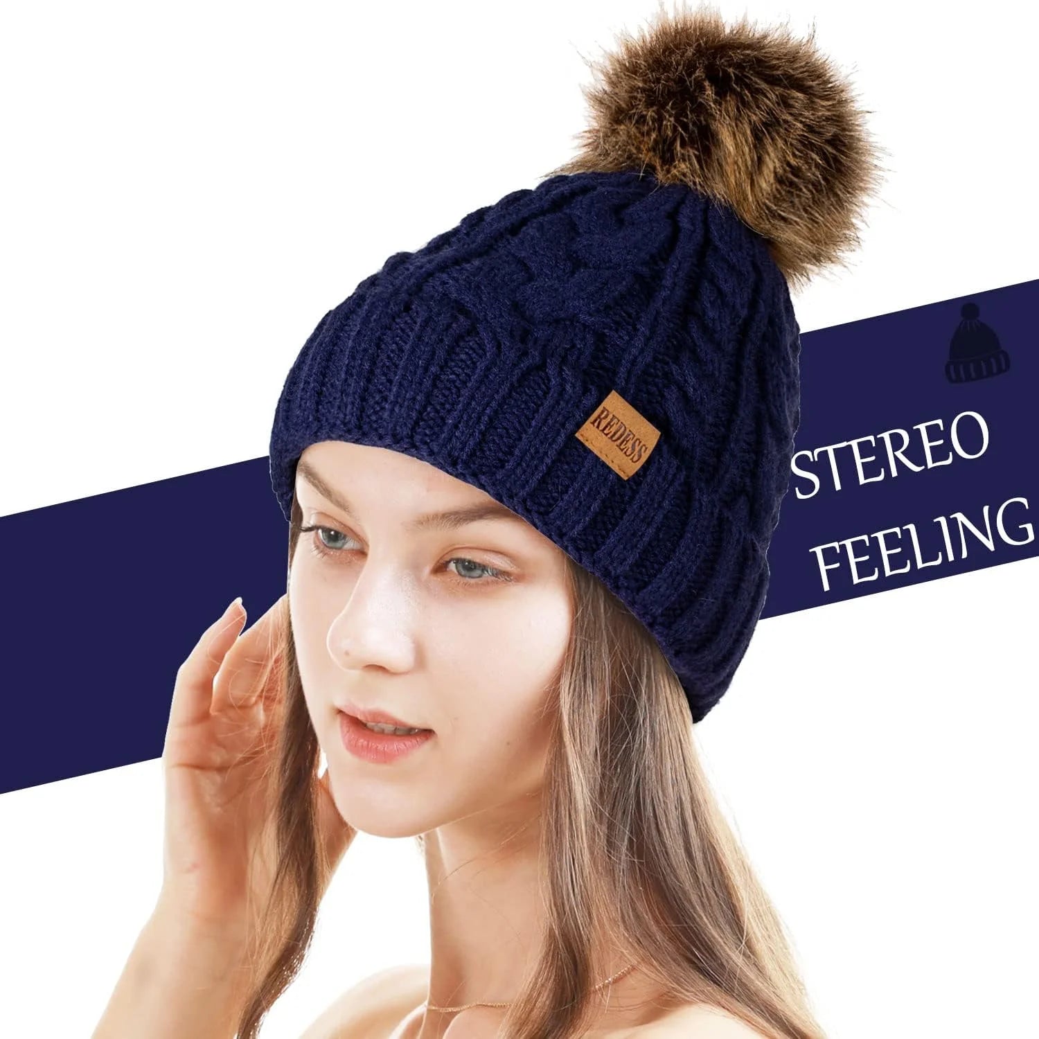 Women Winter Pompom Beanie Hat with Warm Fleece Lined, Thick Slouchy Knit Skull Ski Cap-Navy